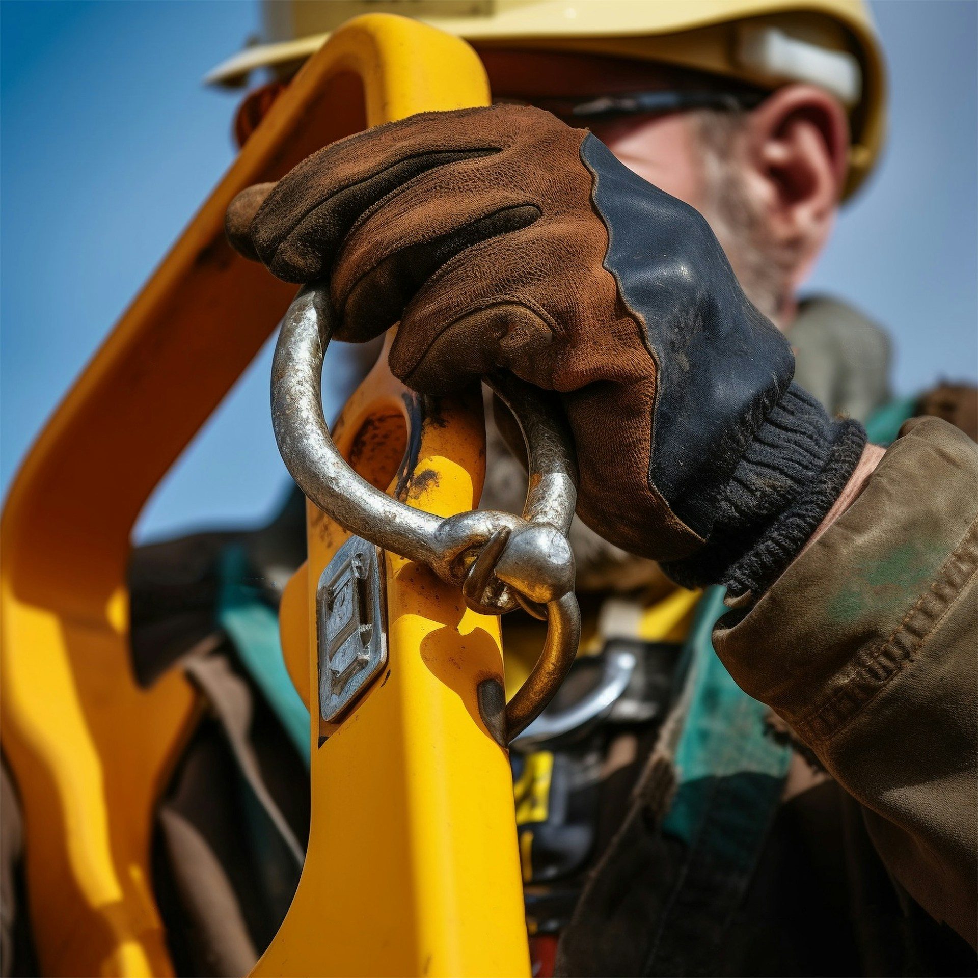 a man in a hard hat and safety gear holding a yellow safety gate